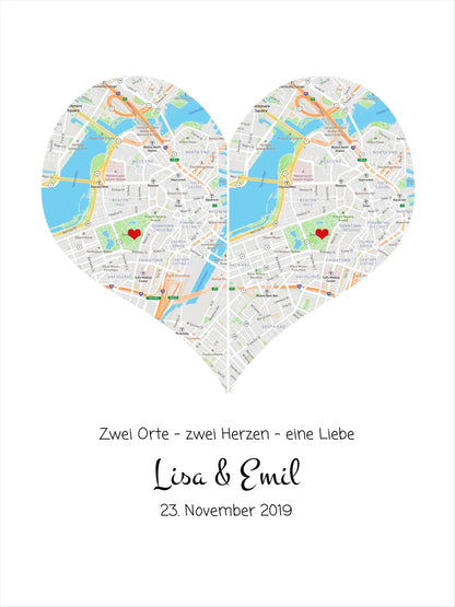 Wo alles begann Poster | Personalisierte Stadtkarte mit Herz - 2 Orte, ein Herz -Kennenlernorte - Städtekarte - Hochzeitsgeschenk-Hochzeitstag Geschenk- Glückwünsche-Hochzeitswünsche
