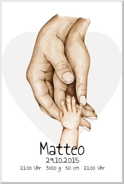 Personalisierte Geburtsanzeige | Hände Poster | Bild Familie | Kindername | personalisiertes Familiengeschenk | Geburtsdaten