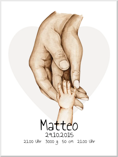 Personalisierte Geburtsanzeige | Hände Poster | Bild Familie | Kindername | personalisiertes Familiengeschenk | Geburtsdaten