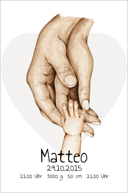 Personalisierte Geburtsanzeige | Hände Poster | Bild Familie | Kindername | personalisiertes Familiengeschenk | Geburtsdaten