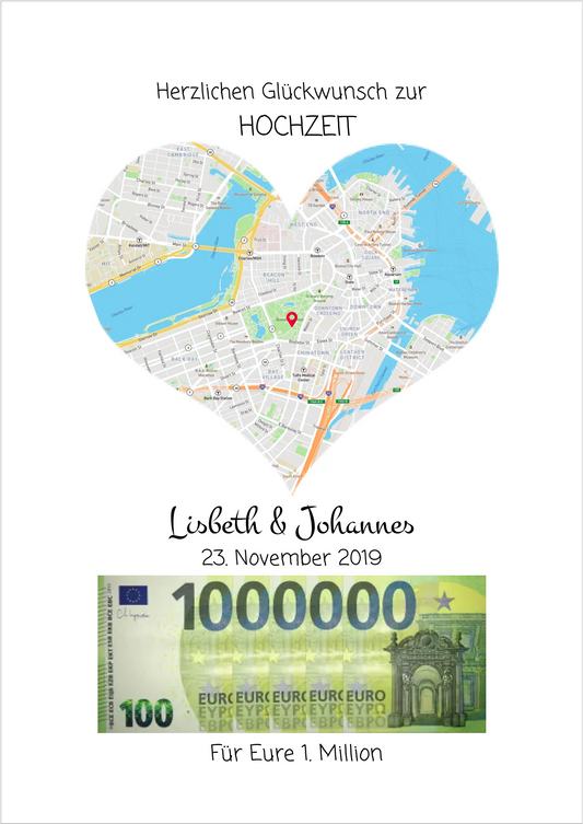 Hochzeitsherz, Personalisiertes Geschenk, Geldgeschenk zur Hochzeit, Hochzeitsgeschenk Für Eure 1. Million Standortkarte