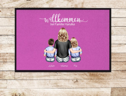 Personalisierte Deko Fußmatte Geschenk Mutter mit 2 Kindern Jungen oder Mädchen | Einzugsgeschenk
