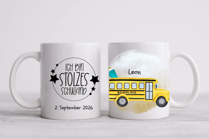 Schulkind 2026 | Kindertasse Geschenk zur Einschulung Tasse Schulbus personalisiert | Einschulungsgeschenk
