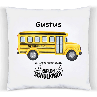 Schulkind 2026 | Schulbeginn Einschulungsgeschenk personalisiertes Kinder Kissen Schulbus