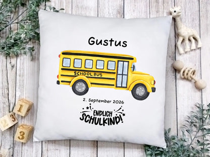 Schulkind 2026 | Schulbeginn Einschulungsgeschenk personalisiertes Kinder Kissen Schulbus