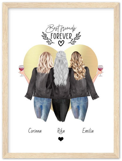 3 Beste Freundinnen Poster gerahmt - True Friends - Personalisiertes Geschenk Freundin Bild - Geburtstagsgeschenk Schwester