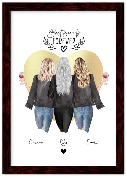 3 Beste Freundinnen Poster gerahmt - True Friends - Personalisiertes Geschenk Freundin Bild - Geburtstagsgeschenk Schwester