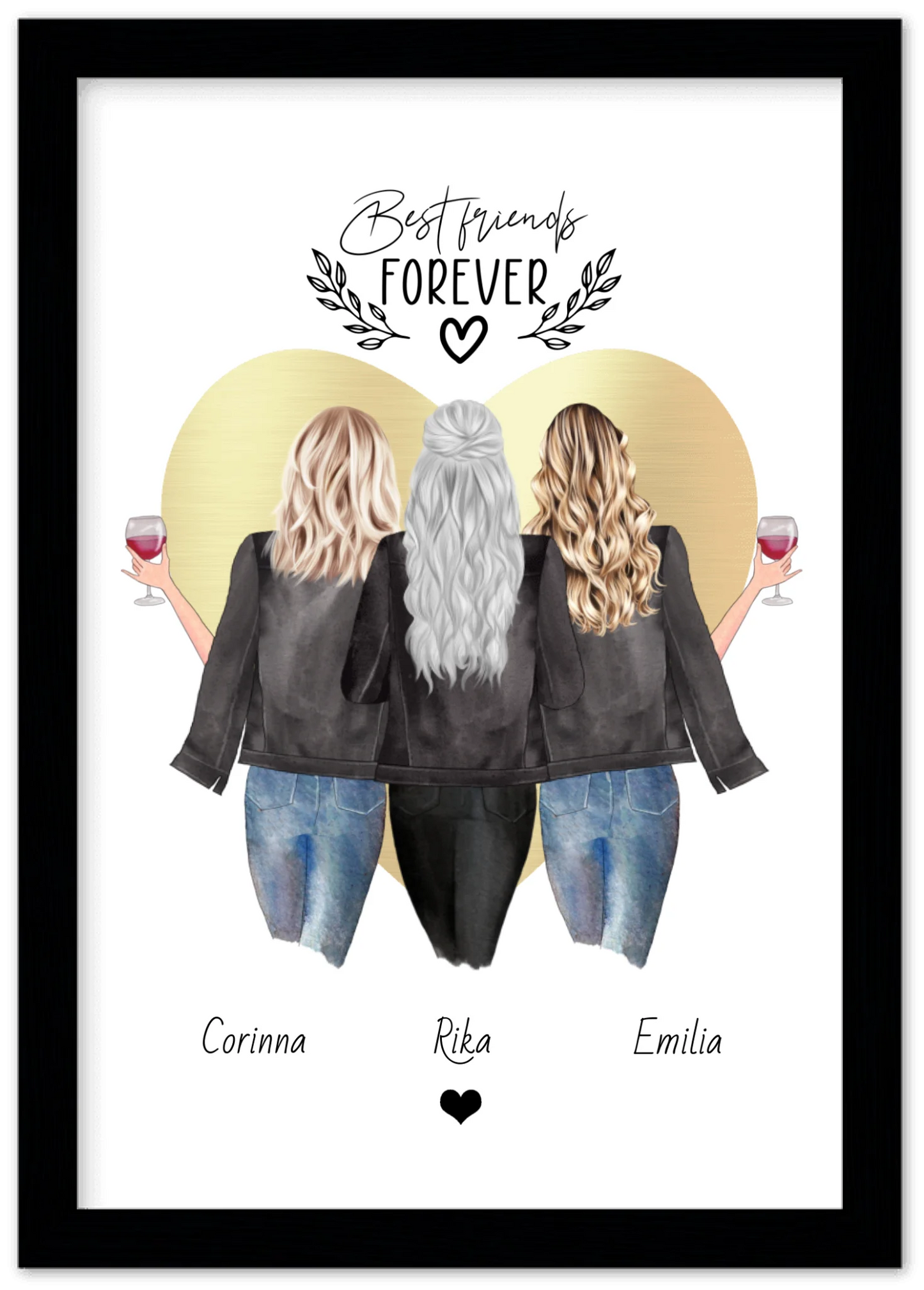 3 Beste Freundinnen Poster gerahmt - True Friends - Personalisiertes Geschenk Freundin Bild - Geburtstagsgeschenk Schwester