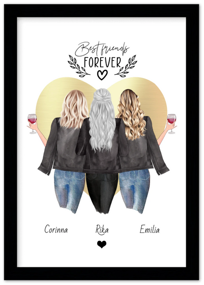 3 Beste Freundinnen Poster gerahmt - True Friends - Personalisiertes Geschenk Freundin Bild - Geburtstagsgeschenk Schwester