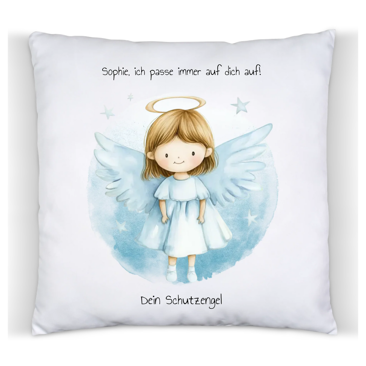 Schutzengel Deko Kissen mit Namen & Wunschtext - Engel blau