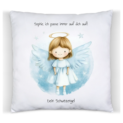 Schutzengel Deko Kissen mit Namen & Wunschtext - Engel blau