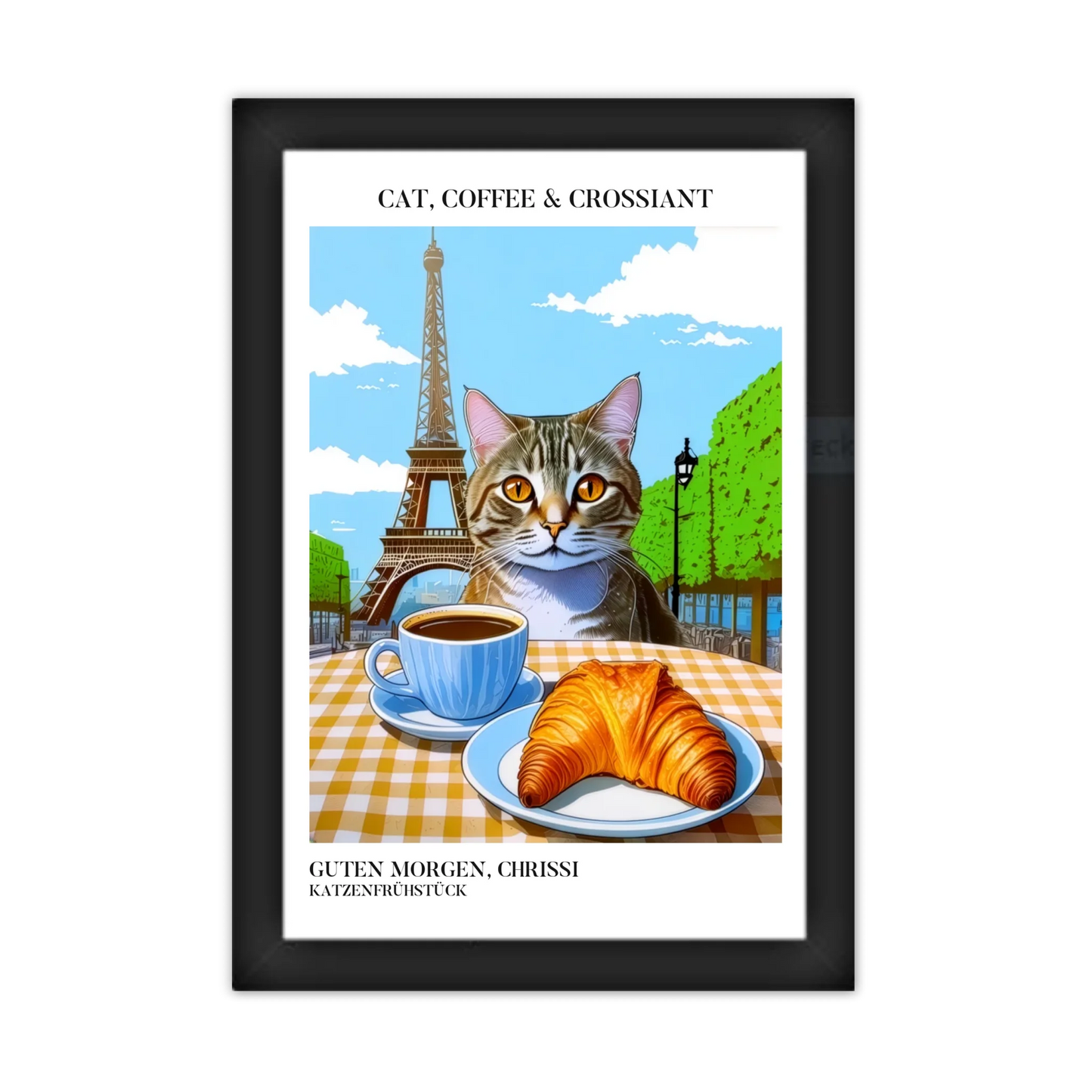 Katzenposter mit Kaffee und Croissant