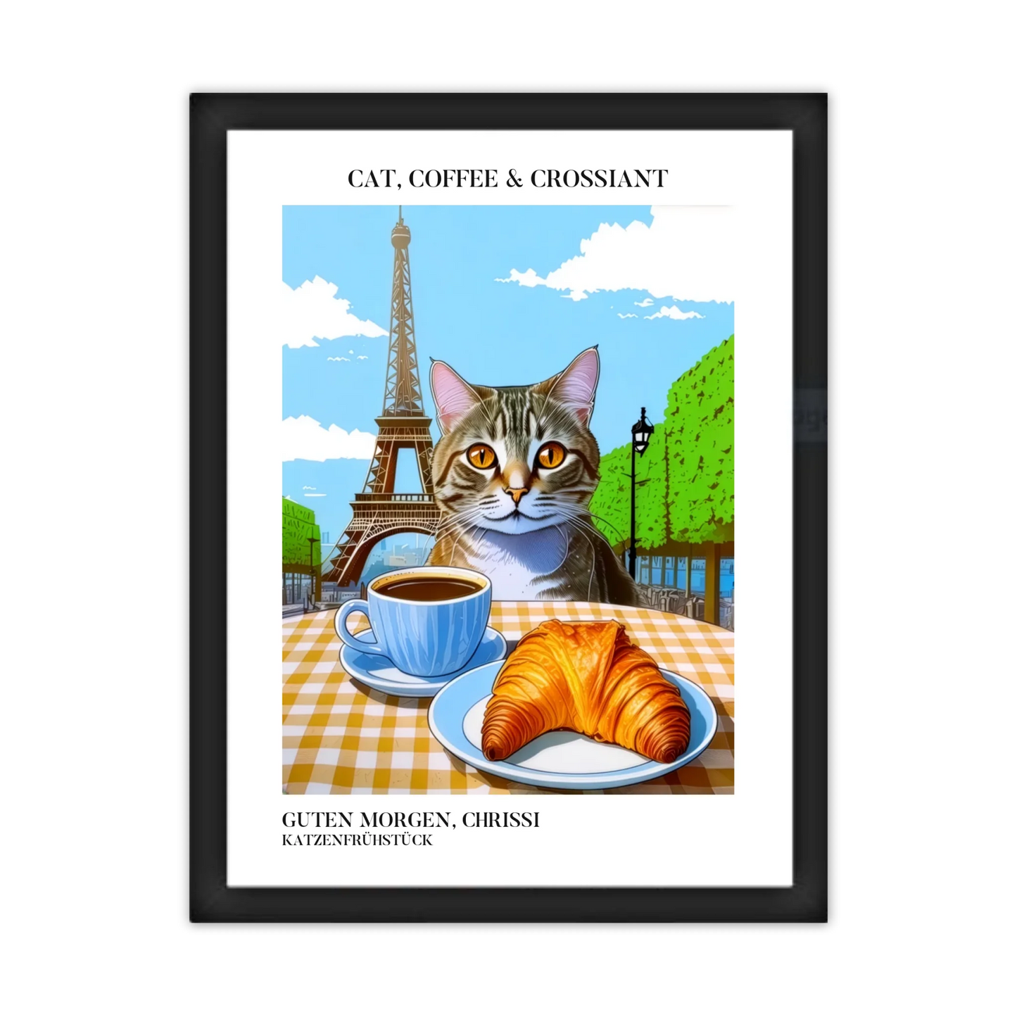Katzenposter mit Kaffee und Croissant