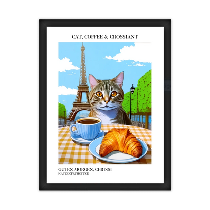 Katzenposter mit Kaffee und Croissant