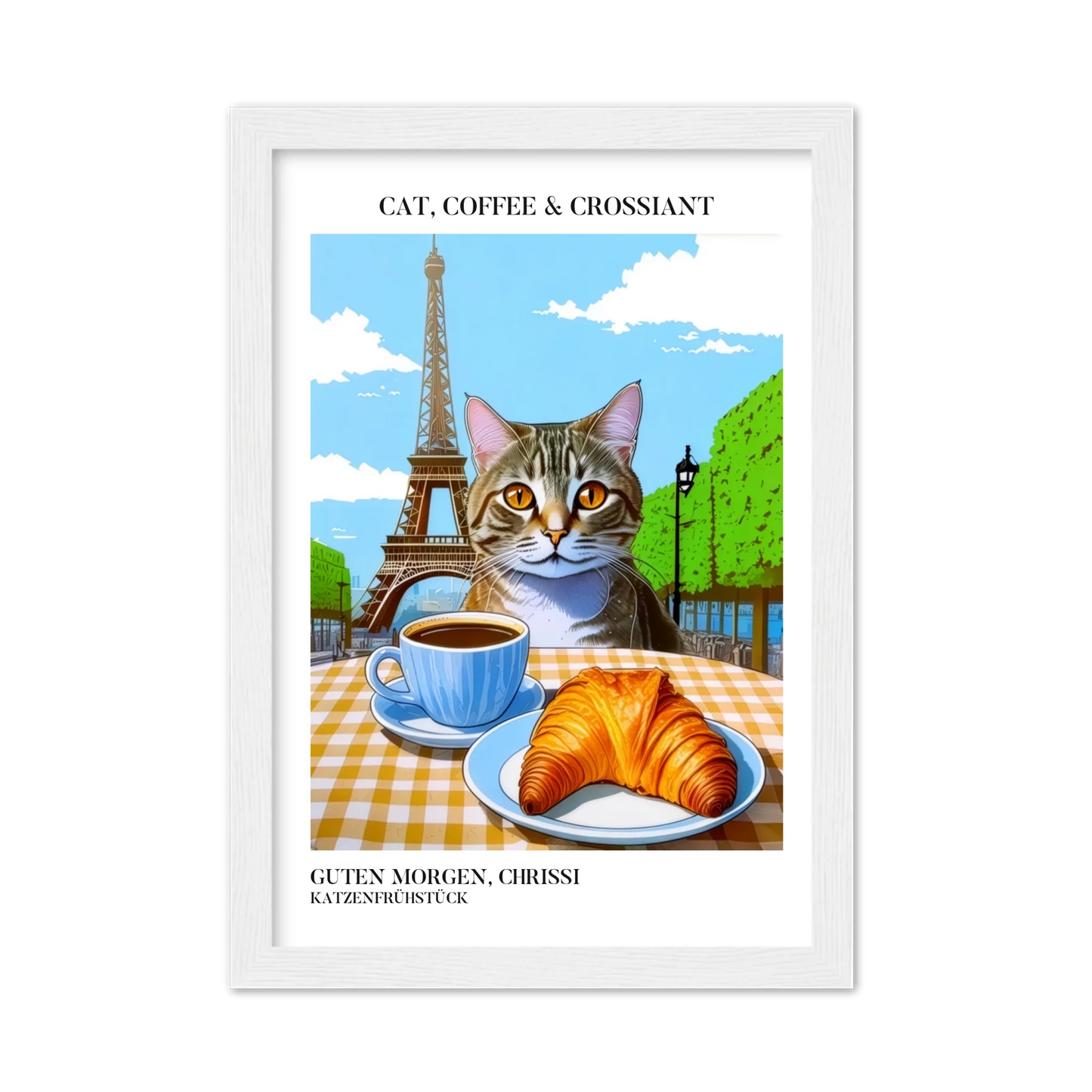 Katzenposter mit Kaffee und Croissant