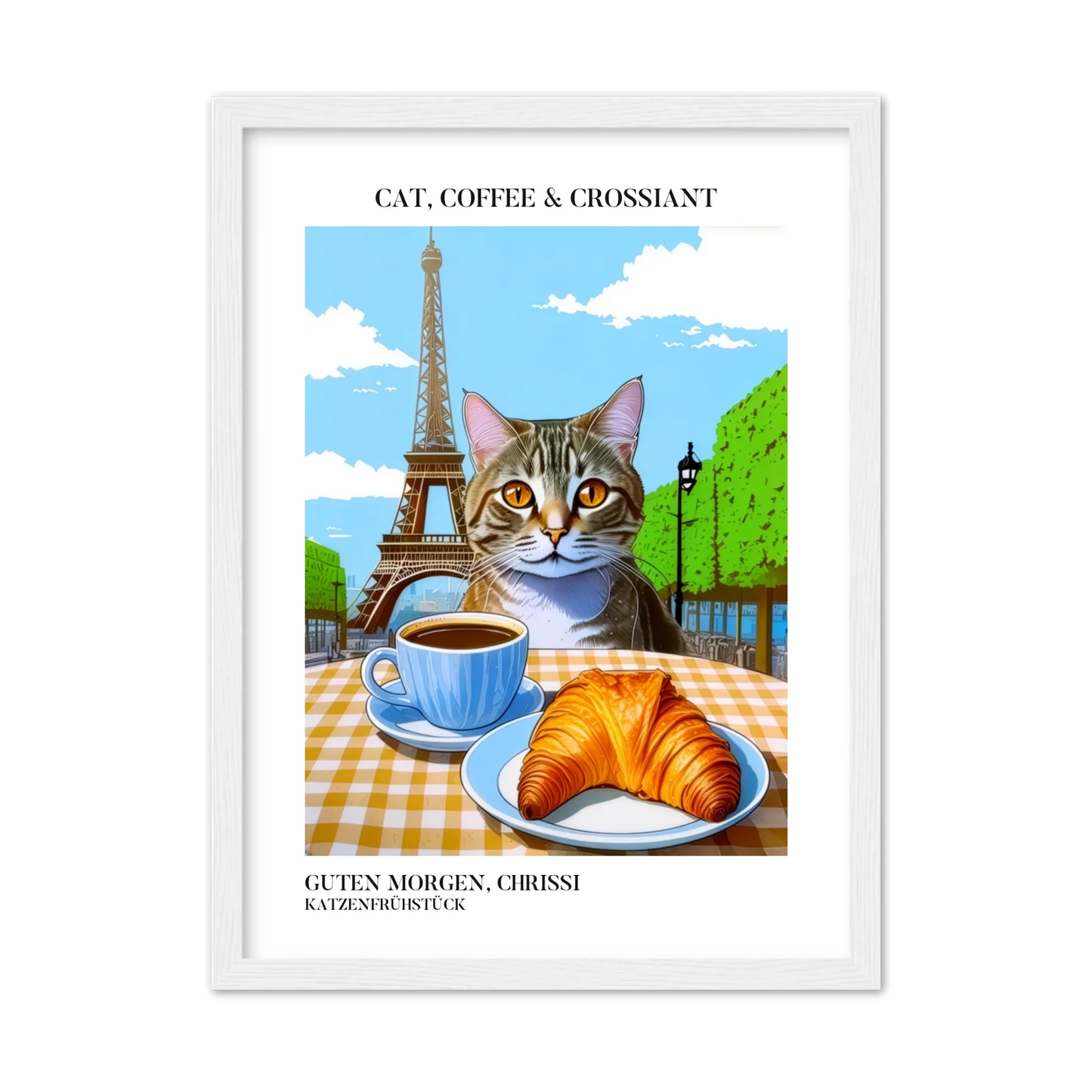 Katzenposter mit Kaffee und Croissant