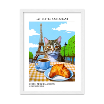 Katzenposter mit Kaffee und Croissant