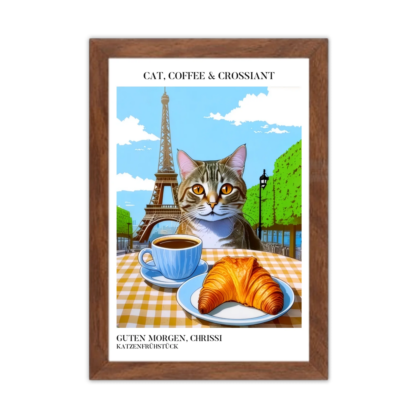 Katzenposter mit Kaffee und Croissant