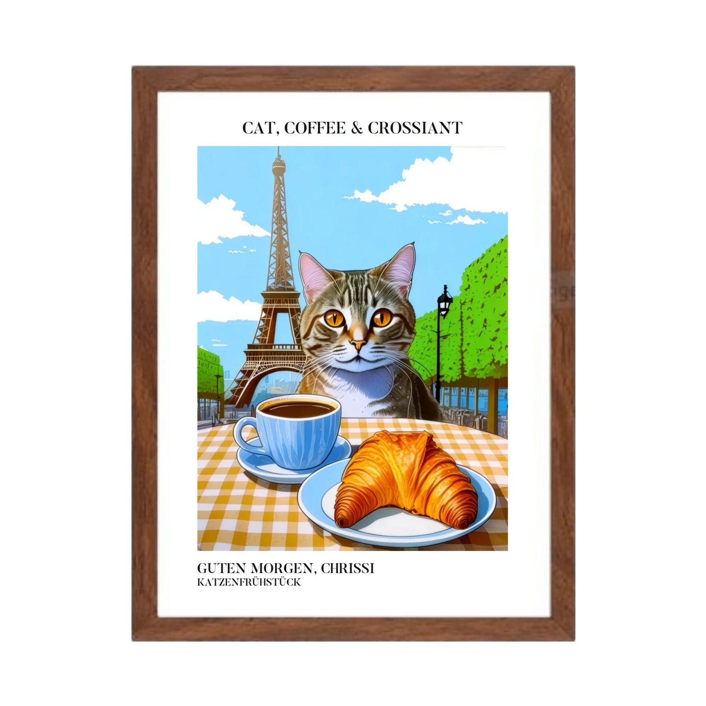 Katzenposter mit Kaffee und Croissant