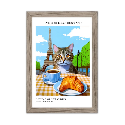 Katzenposter mit Kaffee und Croissant