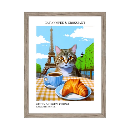 Katzenposter mit Kaffee und Croissant
