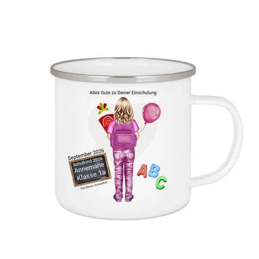 Geschenk zur Einschulung mit Name - Personalisierte Emailletasse