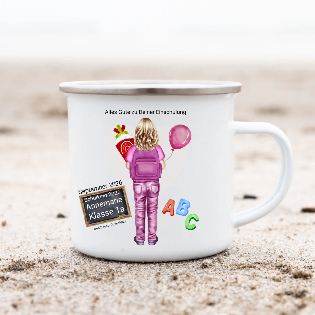 Geschenk zur Einschulung mit Name - Personalisierte Emailletasse